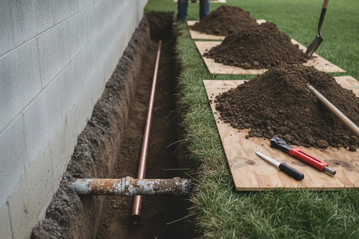 Excavated water line trench during Sewer Line Repair in Yanceyville